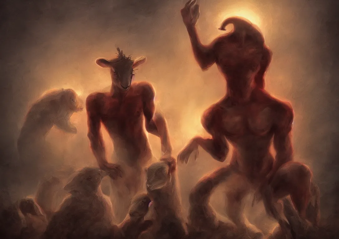 Prompt: lamb man digital art by boris vallejo, human lamb hybrid, cult of the lamb, deep crimson and dark shadows, foggy background, ambient glow