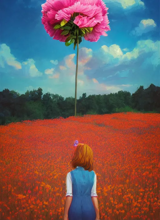 Image similar to portrait of a woman with a giant carnation as a face, flower field, surreal photography, sunset dramatic light, impressionist painting, colorful clouds, blue sky, digital painting, artstation, simon stalenhag