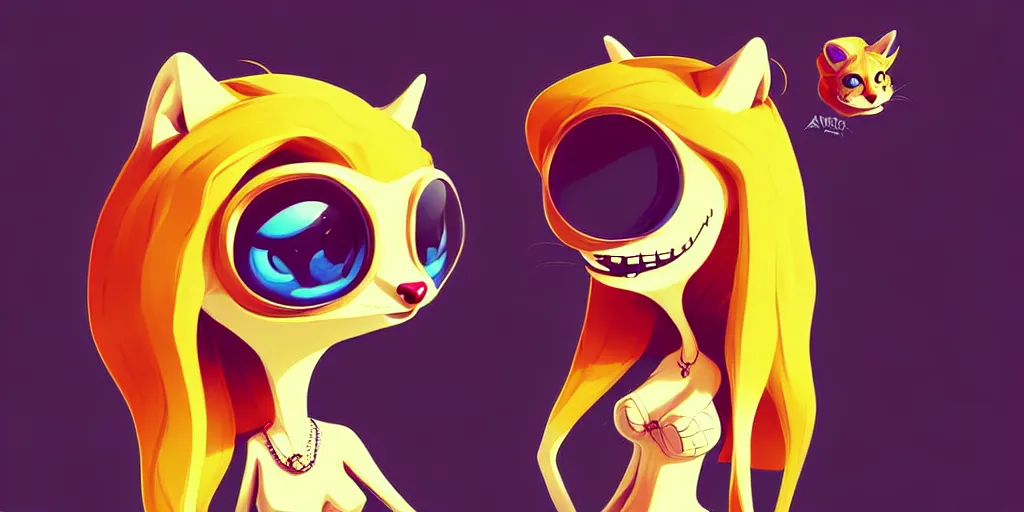 Image similar to curved perspective, extreme narrow, extreme fisheye, digital art of a female marten animal cartoon character wearing jewlery with blonde hairstyle by anton fadeev from nightmare before christmas