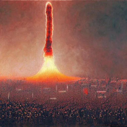 Image similar to the last selfie taken in russia red square, nuclear explosion, russian flag burning, hydrogen bomb explosion, by donato giancola and greg rutkowski and wayne barlow and zdzisław beksinski,