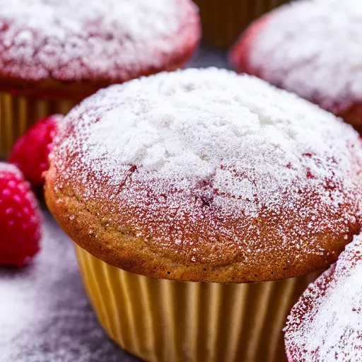 Prompt: vanilla raspberry muffins with powdered sugar, bokeh