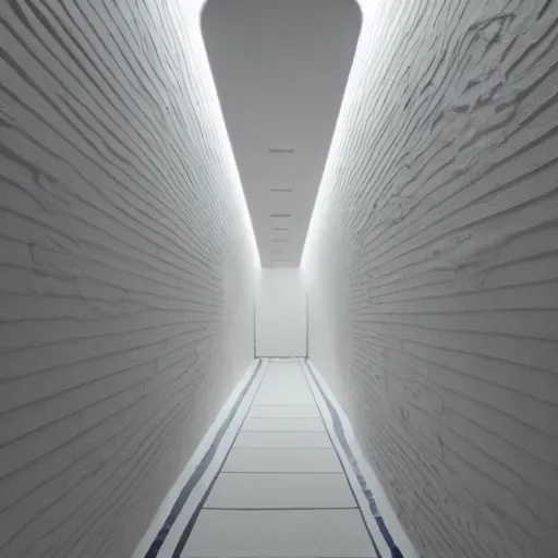 Image similar to an underground pool that leads into a curved hallway, all white ceramic tiles, dark lighting, surreal, liminal space,