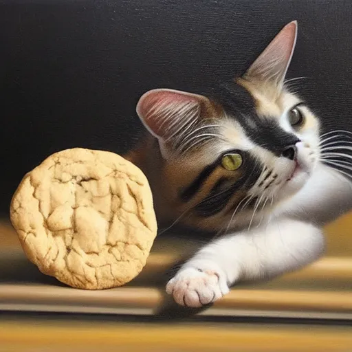 Prompt: realistic oil painting of a cat with a cookie on one paw