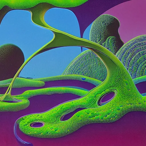 Image similar to striking colours vivid gaps holes neonothopanus creatures landscape hi - res art by roger dean, valley art jagged arches reflections art by michael whelan, liquidart organictextures seedpods hi - res, moebius artwork, futuristic by roger dean hi - res 8 k detailed organic textures