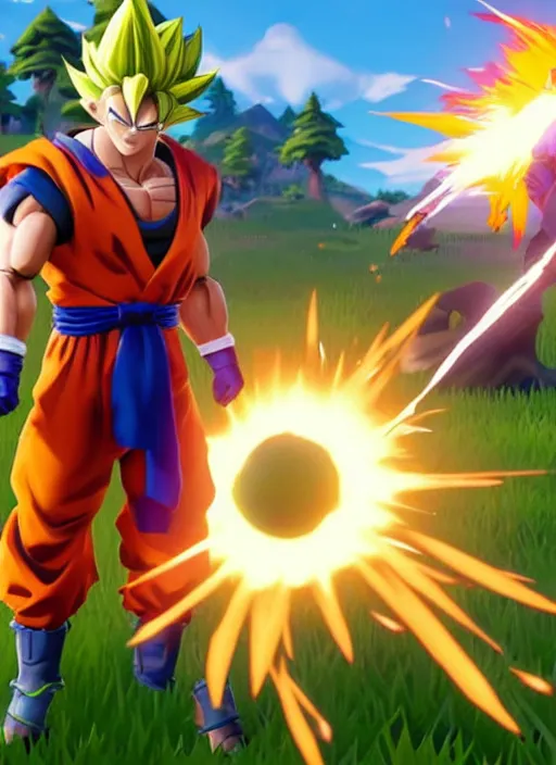 Image similar to game still of a sayan goku as a fortnite skin in fortnite by fortnite, pose.