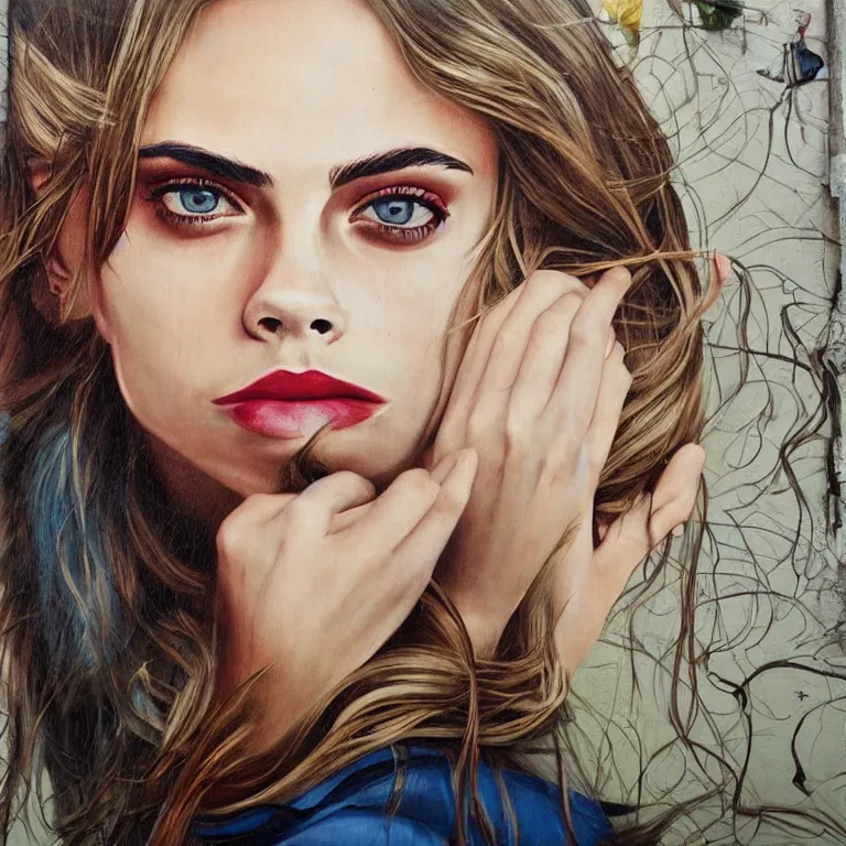 Prompt: Street-art portrait of Cara Delevingne in style of Etam Cru, photorealism