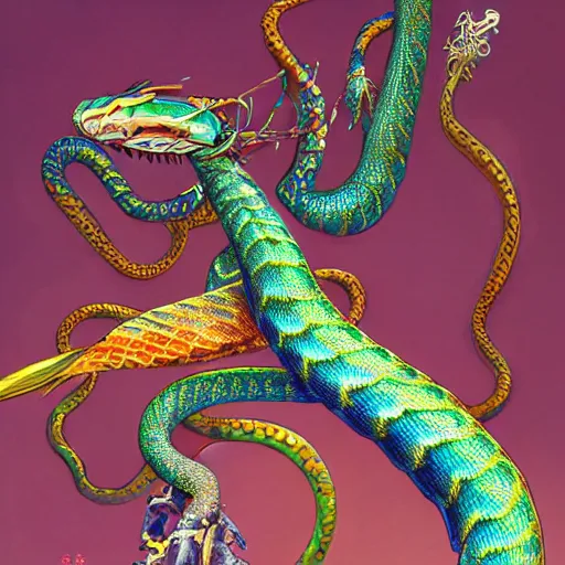 Prompt: concept designs for a character that is an ethereal anthro snake with hands, golden scales and blue accents scattered in its design, influences from peacocks and mantis shrimp for its clothing of choice, it has a single leg that is a serpents tail, art by yuji ikehata and satoshi kon, background art by miyazaki, realistic, anime