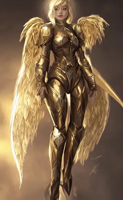 Image similar to Concept art, angel knight girl in golden and silver armor adorned with sapphire gems, artstation trending, cinematic, highly detailded