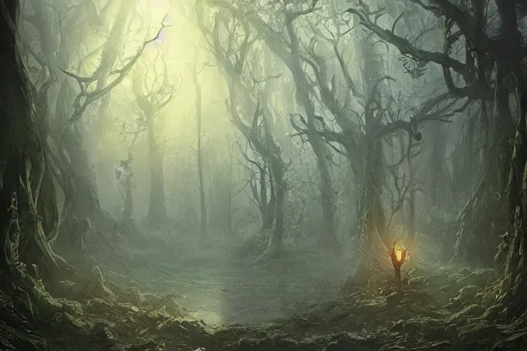 Image similar to an old elven wood, a view to an eerie fantasy world, portal to new york ethereal back light, mist, coherent composition, detailed fantasy painting by yuumei