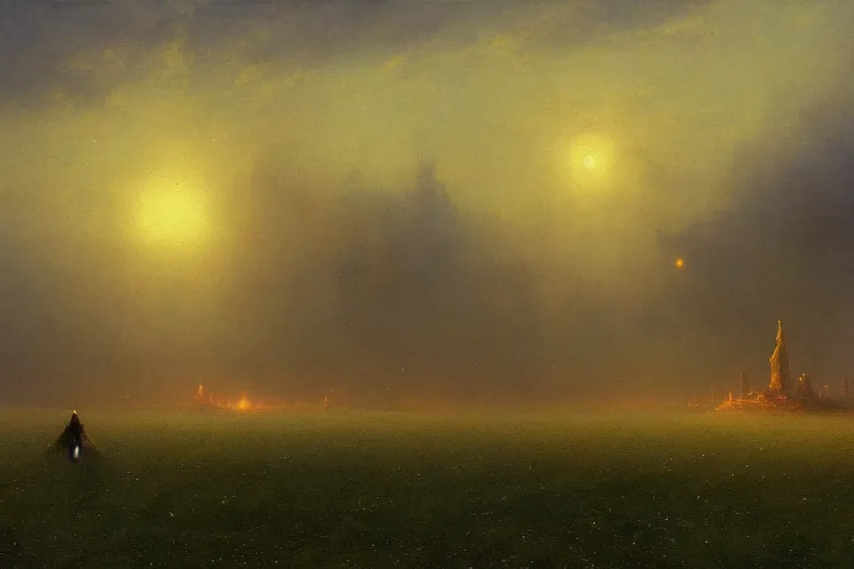 Image similar to sci-fi painting of a large alien city on the wheat fields, the closed back view of one humanoid robot on the ground, by Ivan Aivazovsky , godrays, detailed