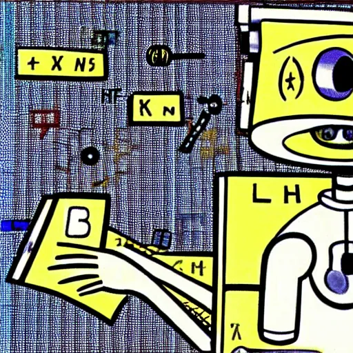 Prompt: a mechanical robot teacher writing math equations on blackboard, by roy lichtenstein