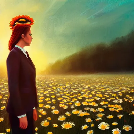 Image similar to large daisy flower head, frontal, girl in a suit, surreal photography, sunrise, dramatic light, impressionist painting, digital painting, artstation, simon stalenhag