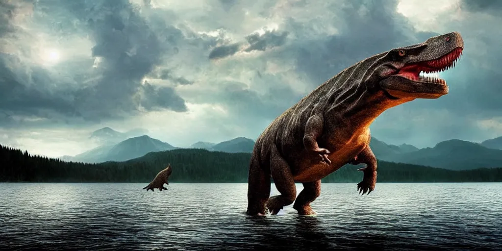 Image similar to amazing prehistoric landscape photo of tyrannosaurus standing on the lake, beautiful dramatic lighting