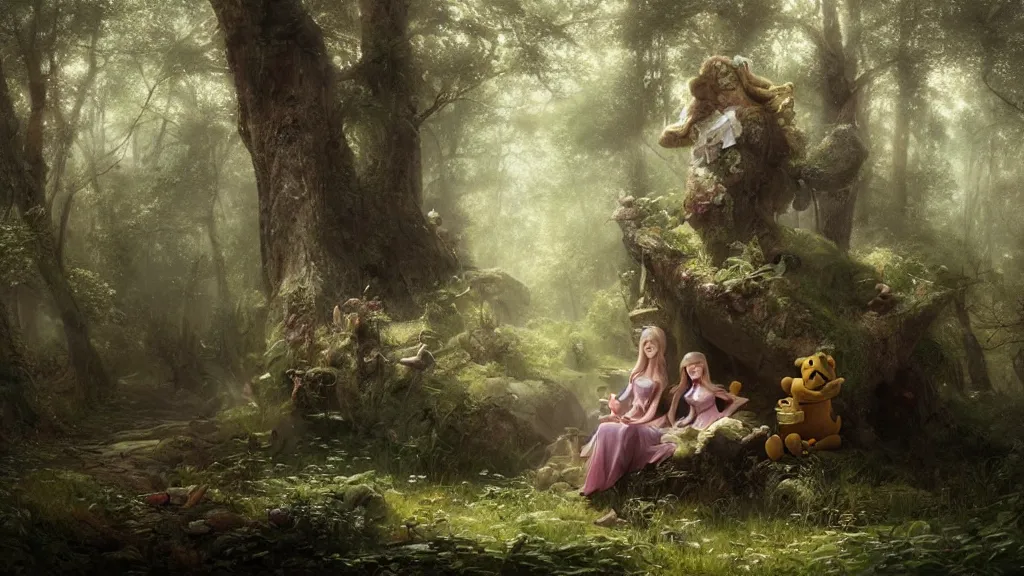 Prompt: elven princess sitting with a giant winnie the pooh in the melancholy forest. andreas achenbach, artgerm, mikko lagerstedt, zack snyder, tokujin yoshioka