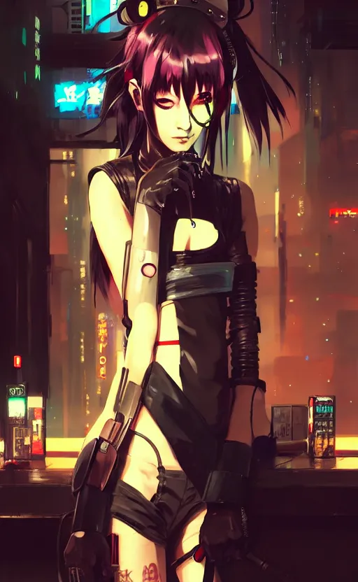 Image similar to cyberpunk anime girl sit in a night bar, cyberpunk oni mask, 3 / 4 shot, street night, beautiful face, grafity, arcane, action, detail, good face, pose model, concept art, in style of yoji shinkawa, pan ren wei, col price, atey ghailan, by greg rutkowski, aesthetic, digital painting