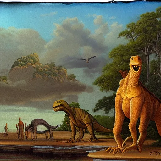 Image similar to Trias with dinosaurs, in the style of the Hudson River School