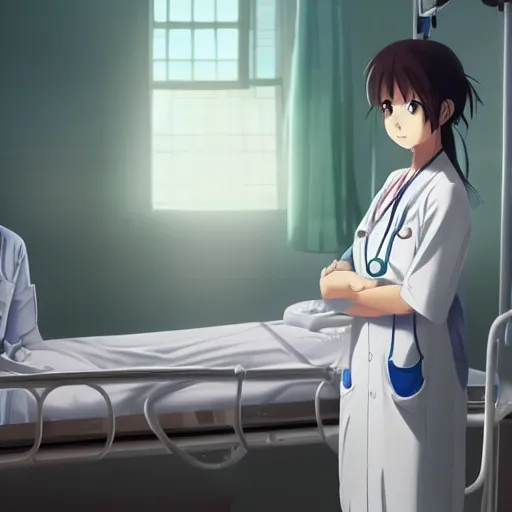 Prompt: a cute and beautiful young female doctor wearing white coat are taking care of an old patient on a bed in a hospital ward, slice of life anime, lighting, anime scenery by Makoto shinkai