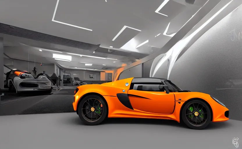 Image similar to futuristic lotus exige ( ( orange ) ) parked within interior view of futuristic auto showroom ( ( frank lloyd wright ) ) luminescent concept art, unreal engine 5, artstation highly detailed, digital art, 8 k hdr, soft lighting, hyperrealistic, godrays