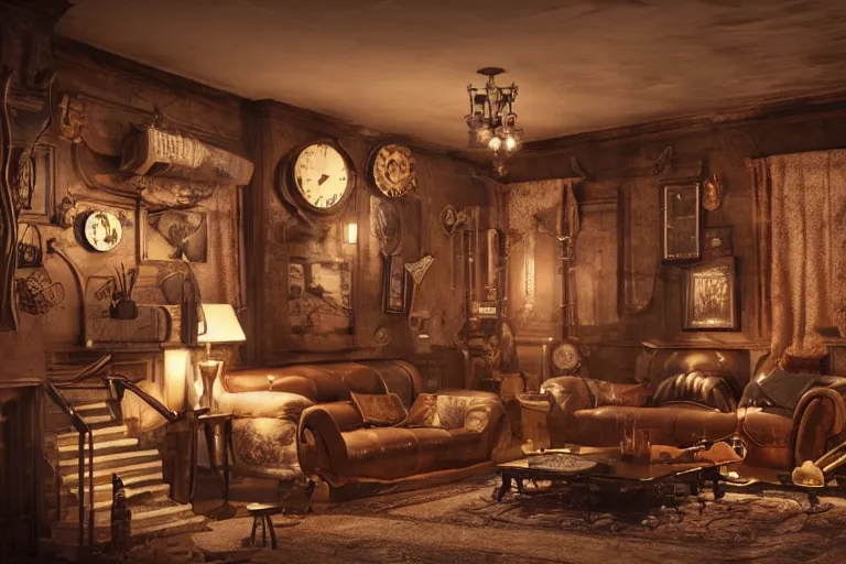 Prompt: steampunk living room, 3 d render, octane render, beautiful lighting, concept art