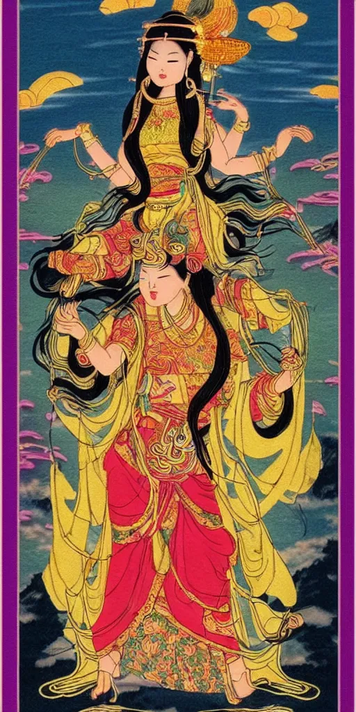 Prompt: asian goddess of bliss and honey, silk flowing in wind, totemic ritualistic tarot sigils, photo