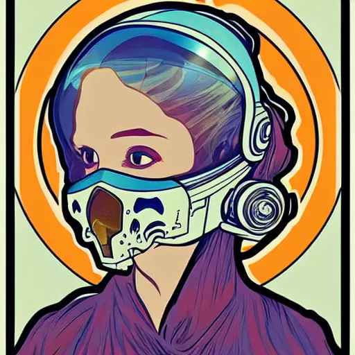 Image similar to astronaut female skull portrait in the style of and Alphonse Mucha and Disney illustration pop art