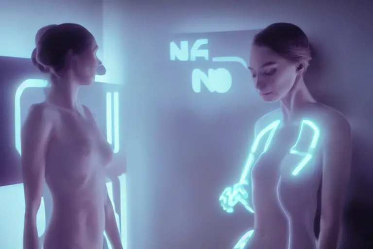 Image similar to VFX movie of a futuristic robot portrait in living room, beautiful natural skin neon lighting by Emmanuel Lubezki