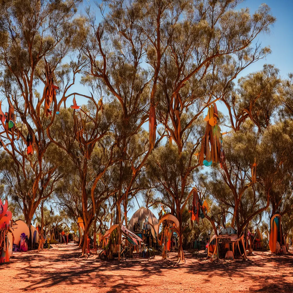 Prompt: psytrance utopia village in the australian outback, XF IQ4, 150MP, 50mm, F1.4, ISO 200, 1/160s, natural light