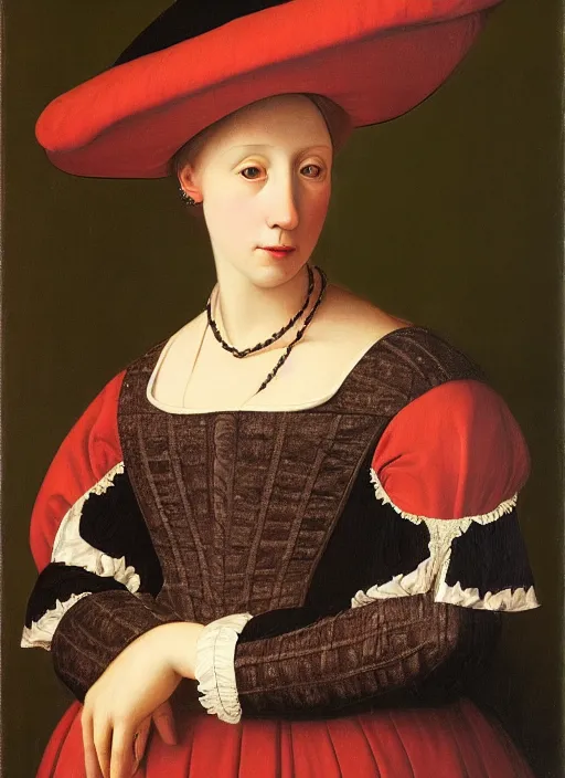 Image similar to portrait of young woman in renaissance dress and hat, art by petrus christus,