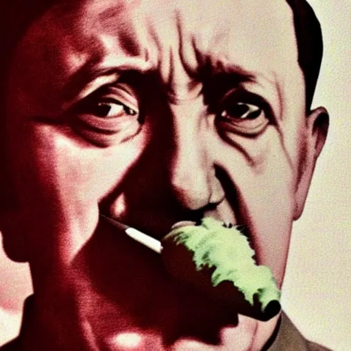 Image similar to Hitler smoking a fat joint, close up photography, photorealism