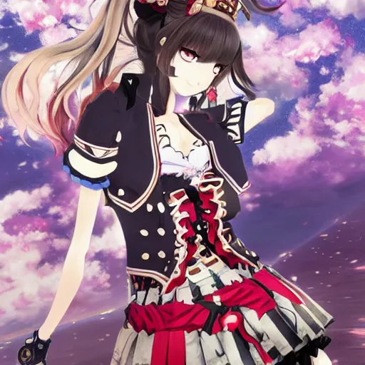 Prompt: junko enoshima, character design by Akihiko Yoshida in the style of Atelier Lulua, KyoAni, Granblue Fantasy, background art by Krenz Cushart in the style of Atelier Firis, Space Dandy, K-ON, illustration by Masamune Shirow in the style of Shining Resonance, Guilty Crown, Last Exile
