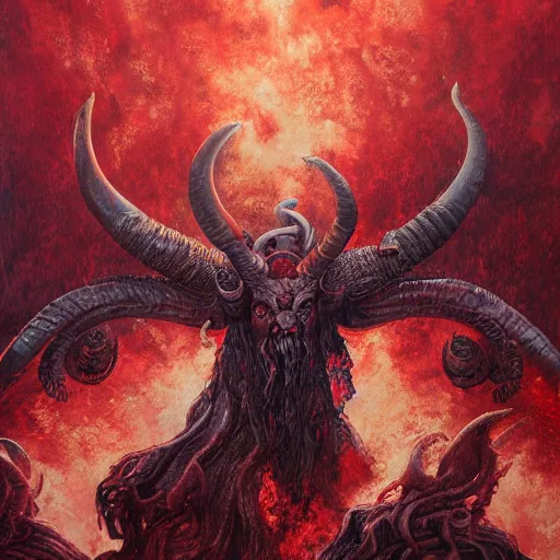 Image similar to A beast with seven heads rising from the sea of blood, ram horned oracle brings fire down from the sky, NGE dark fantasy, highly detailed, digital painting, volumetric light, 8k detailed