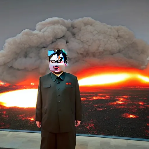 Image similar to nuclear explosion with kim jong un standing in the background