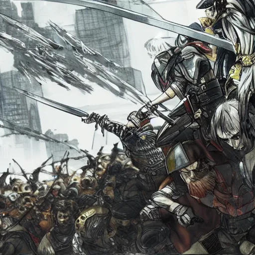 Image similar to one hero with sword looking at army of swordsmen in the background, in the middle of an arena, crowd of people, pencil art, straight, clear, added detail, high definiton, colored, backfacing, by yoji shinkawa