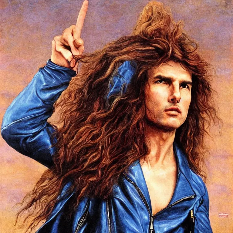 Prompt: Pre-Raphaelite portrait of Tom Cruise as the leader of a cult 1980s heavy metal band, with very long blonde hair and blue eyes, leather jacket. ultra high saturation