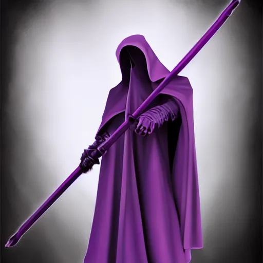 Image similar to grim reaper, purple cloak, full body