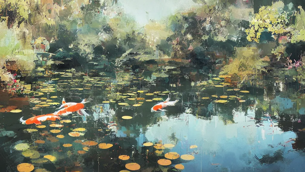 Image similar to painting of a koi pond by ismail inceoglu