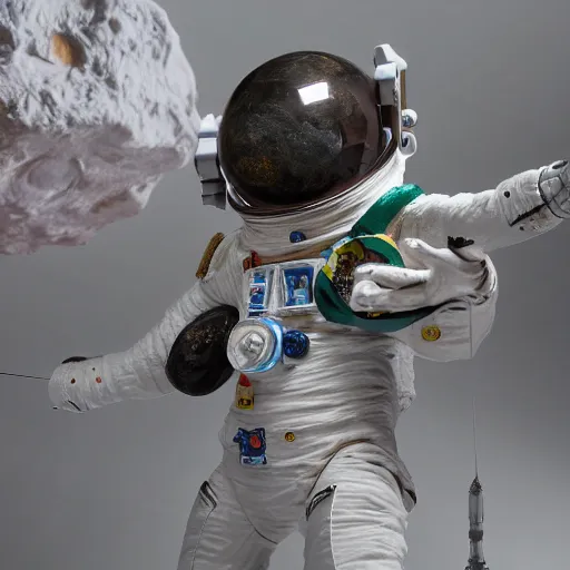 Image similar to a space admiral tethered to an asteroid, with spaceship, space backdrop, everything made of papier - mache canon 5 d 5 0 mm lens, diorama, newspaper,