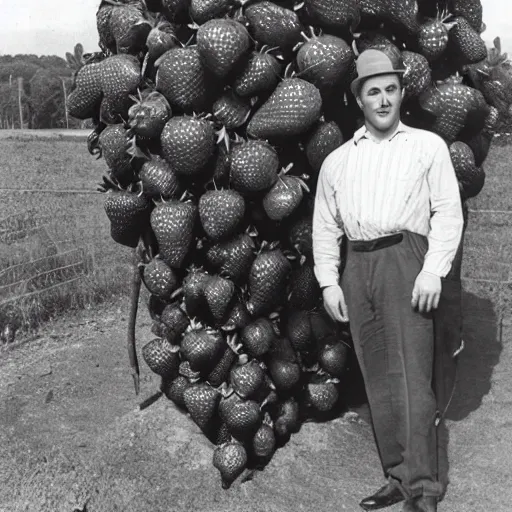 Prompt: vintage, black and white photograph of a man standing proudly next to a gigantic strawberry that is taller than he is