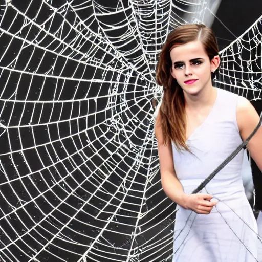 Image similar to afraid emma watson stuck and trapped in a giant spider web