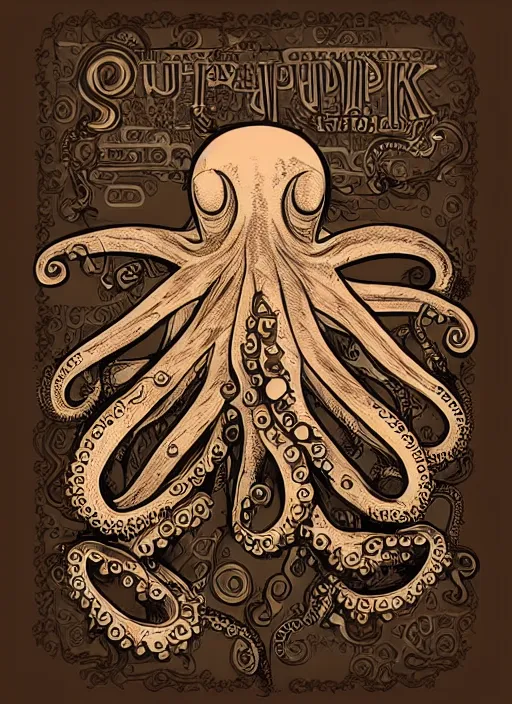 Prompt: steampunk octopus, hand drawn illustration, antique style poster, highly detailed vector art