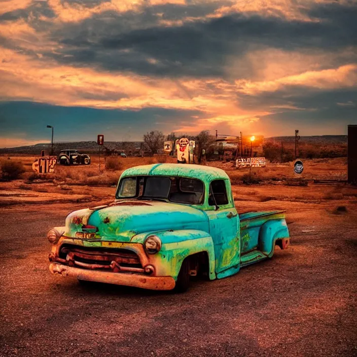 Image similar to a sunset light landscape with historical route 6 6, lots of sparkling details and sun ray ’ s, blinding backlight, smoke, volumetric lighting, colorful, octane, 3 5 mm, abandoned gas station, old rusty pickup - truck, beautiful epic colored reflections, very colorful heavenly, softlight