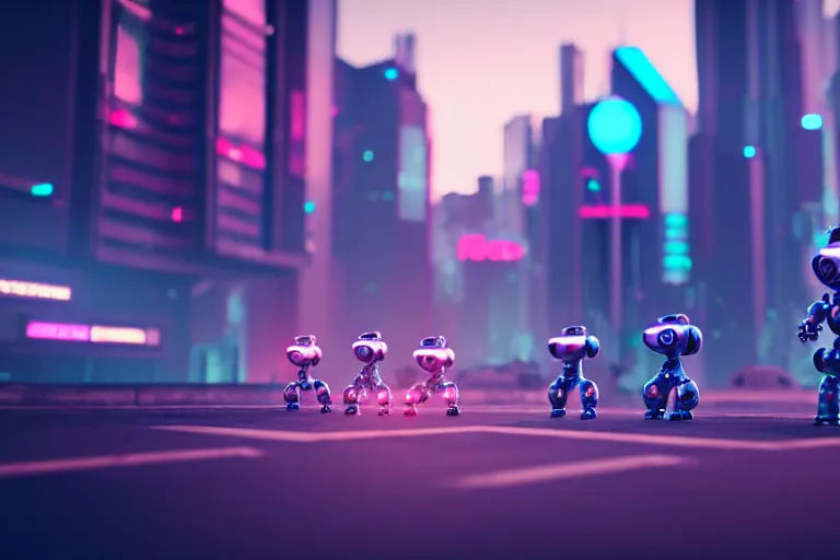 Image similar to a cute little robots in at cyberpunk city. super realistic 8 k render of a elegant, cinematic composition