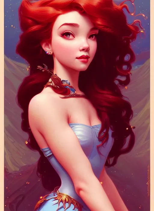 Image similar to portrait of disney ariel, intricate, elegant, highly detailed, my rendition, digital painting, artstation, concept art, smooth, sharp focus, illustration, art by artgerm and greg rutkowski and alphonse mucha and uang guangjian and gil elvgren and sachin teng, symmetry!!