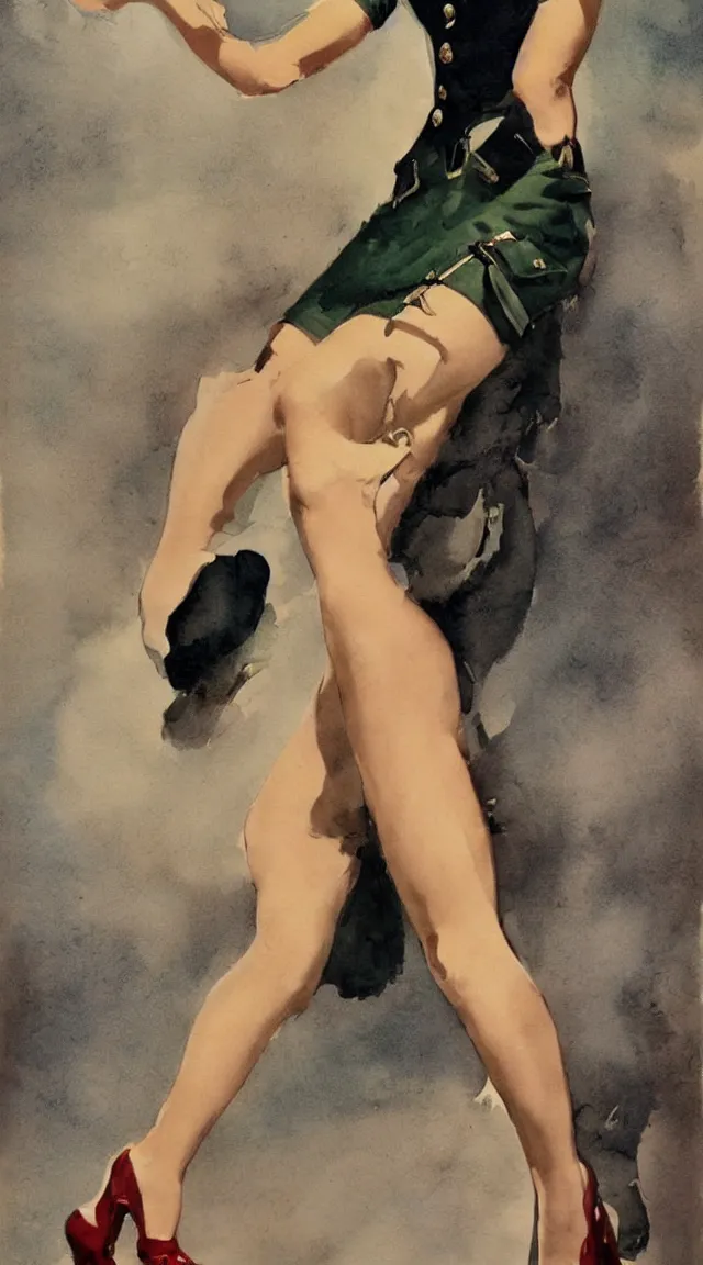 Image similar to a portrait one full body pin up post war dressing a military unioform,water color, Gil Elvgren style