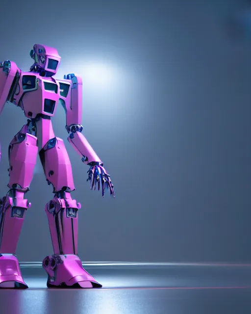 Image similar to hyperrealistic 3d render full mecha iridescent pink foggy landscape concept art vray ute osterwald de chirico sharp cinematic very moody light 8k low angle shallow depth of field