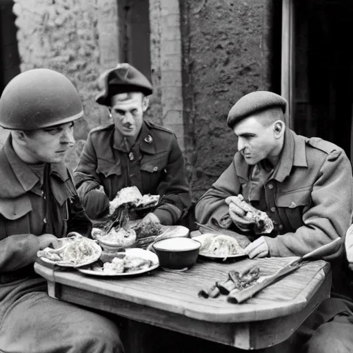 Prompt: Three Canadian Soldiers sitting down and eating a meal, Germany 1944, Second World War, Highly Detailed, 4k resolution, guitar resting nearby