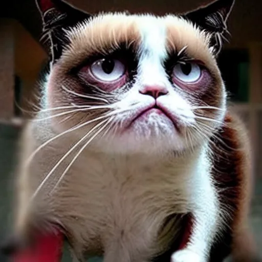 Image similar to nicolas cage as grumpy cat, kung fu fighting