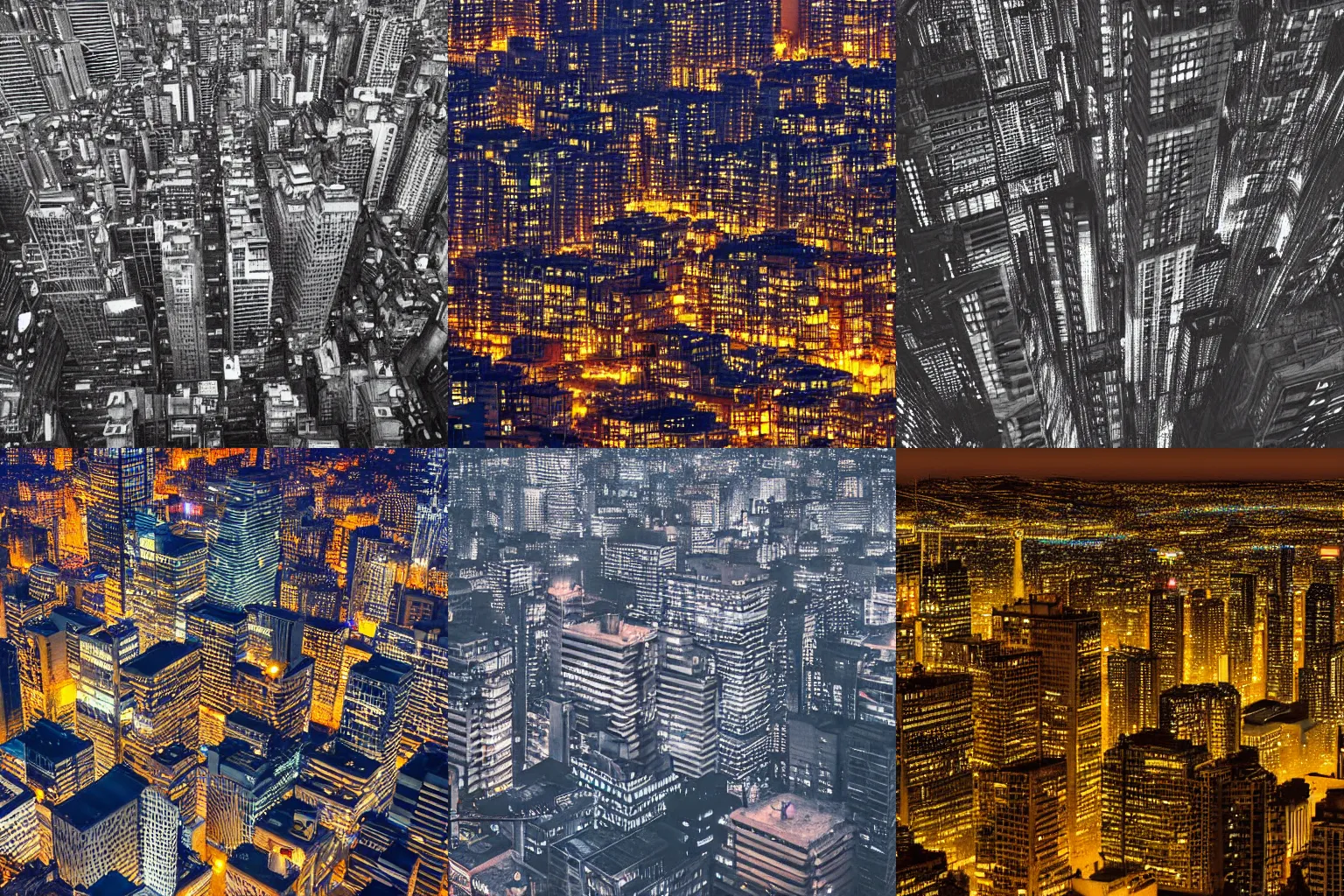 Prompt: Birds eye view of an oppressive metropolis at night, sparse rectangular city grid with narrow streets, tall brutalist architecture buildings with very few windows all with the same height, city lights spilling upwards above the top of the buildings, digital art,