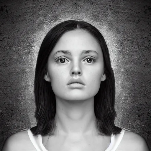 Image similar to hyperreal, face of the most beautiful girl in the world, medium shot, studio lighting, black and white, symmetry