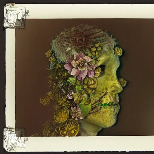 Image similar to a beautiful detailed front view portrait of a rotten woman corpse with fractal plants and fractal flowers growing around, volumetric light, beautiful lit, polaroid photography